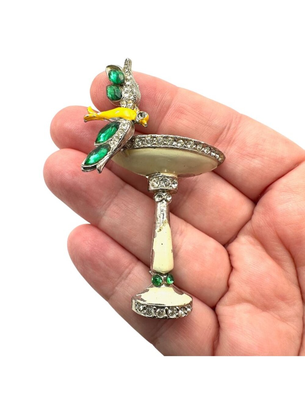 Vintage Antique Art Deco Rhinestone Enamel Silver Pot Metal Bird And Bird Bath